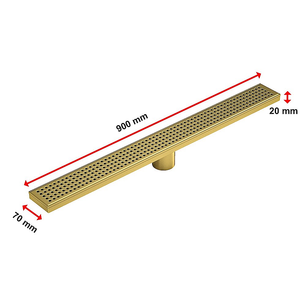 900mm Bathroom Shower Brushed Brass Grate Drain w/ Centre outlet Floor Waste Square Pattern