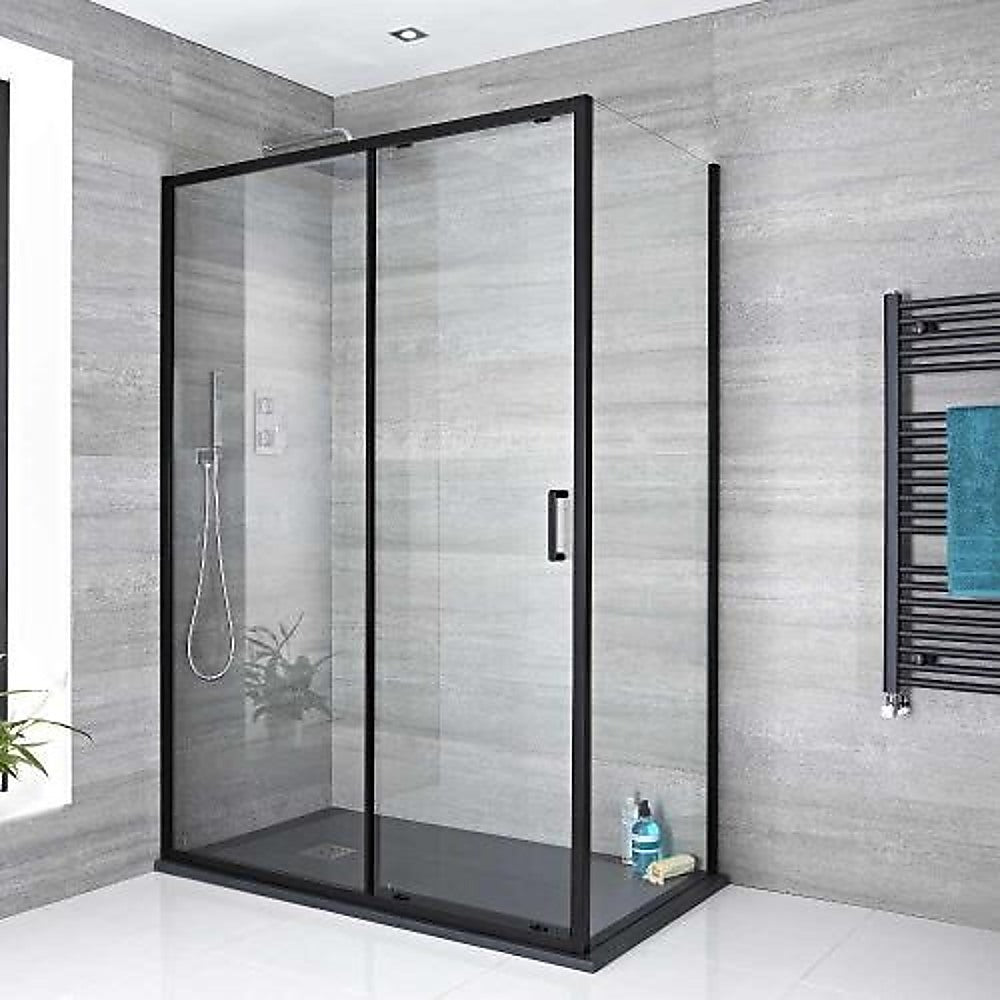 Shower Heads & Screens: Adjustable 1300x920mm Single Door Corner Sliding Glass Shower Screen in Black