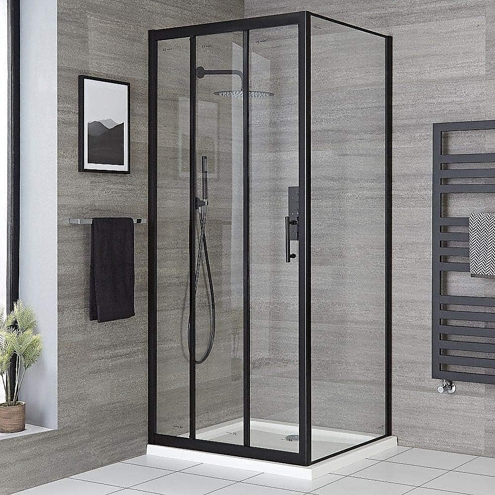 Shower Heads & Screens: Adjustable 1300x920mm Single Door Corner Sliding Glass Shower Screen in Black