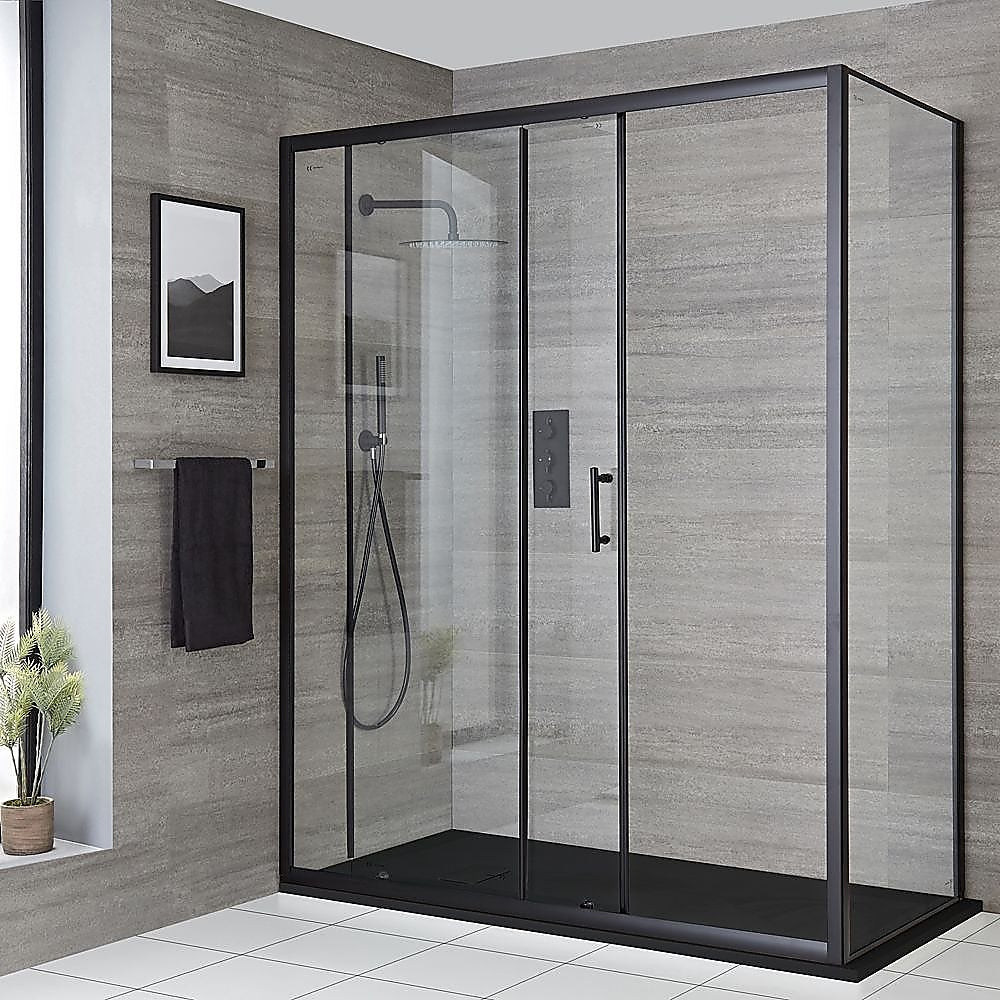 Shower Heads & Screens: 150mm Adjustable (1850x800mm) Single Door Corner Sliding Glass Shower Screen in Black