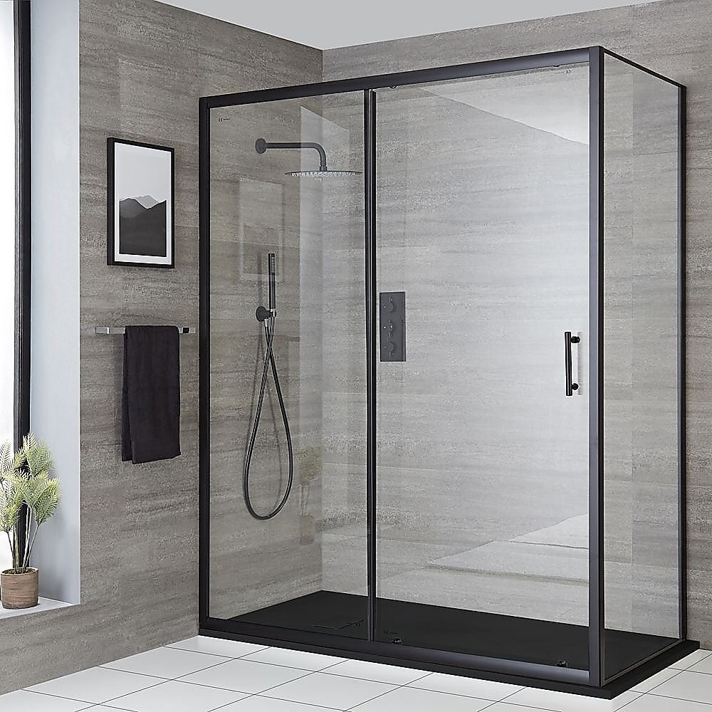 Shower Heads & Screens: 150mm Adjustable (1850x800mm) Single Door Corner Sliding Glass Shower Screen in Black