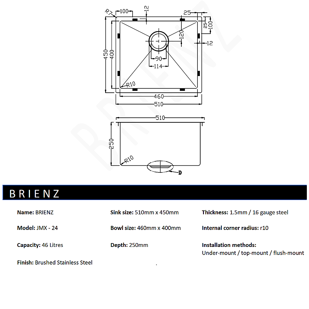 Kitchen Sinks: 510x450mm Handmade Stainless Steel Undermount / Topmount Kitchen Laundry Sink with Waste