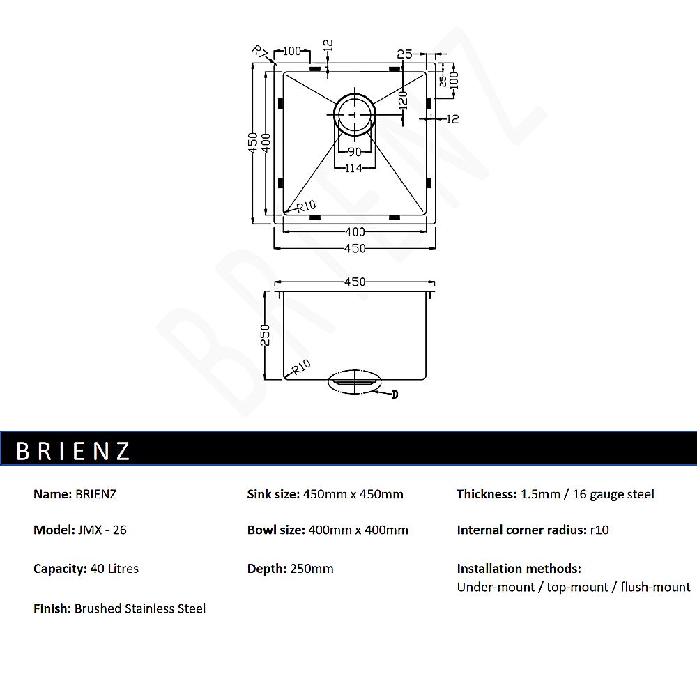Kitchen Sinks: 450x450mm Handmade Stainless Steel Undermount / Topmount Kitchen Laundry Sink with Waste