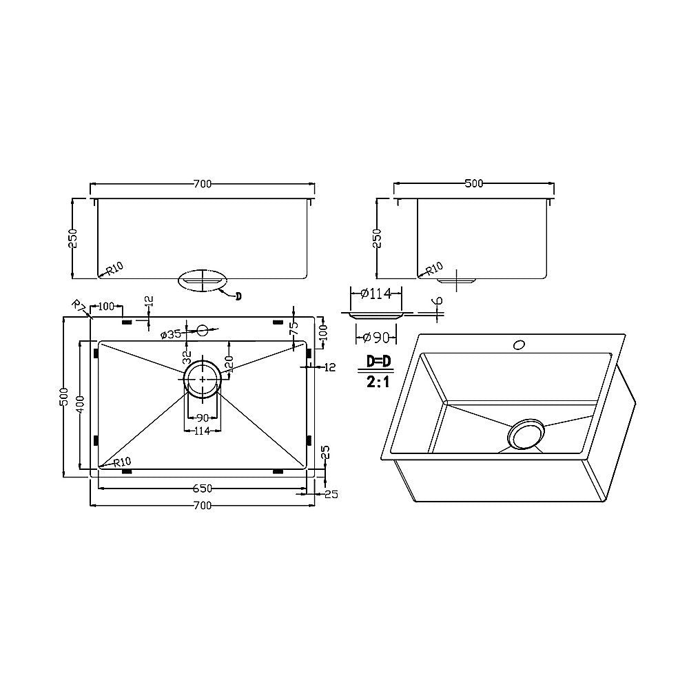 Kitchen & Bathroom DIY: 700x500mm Handmade Stainless Steel Undermount / Topmount Kitchen Laundry Sink with Waste