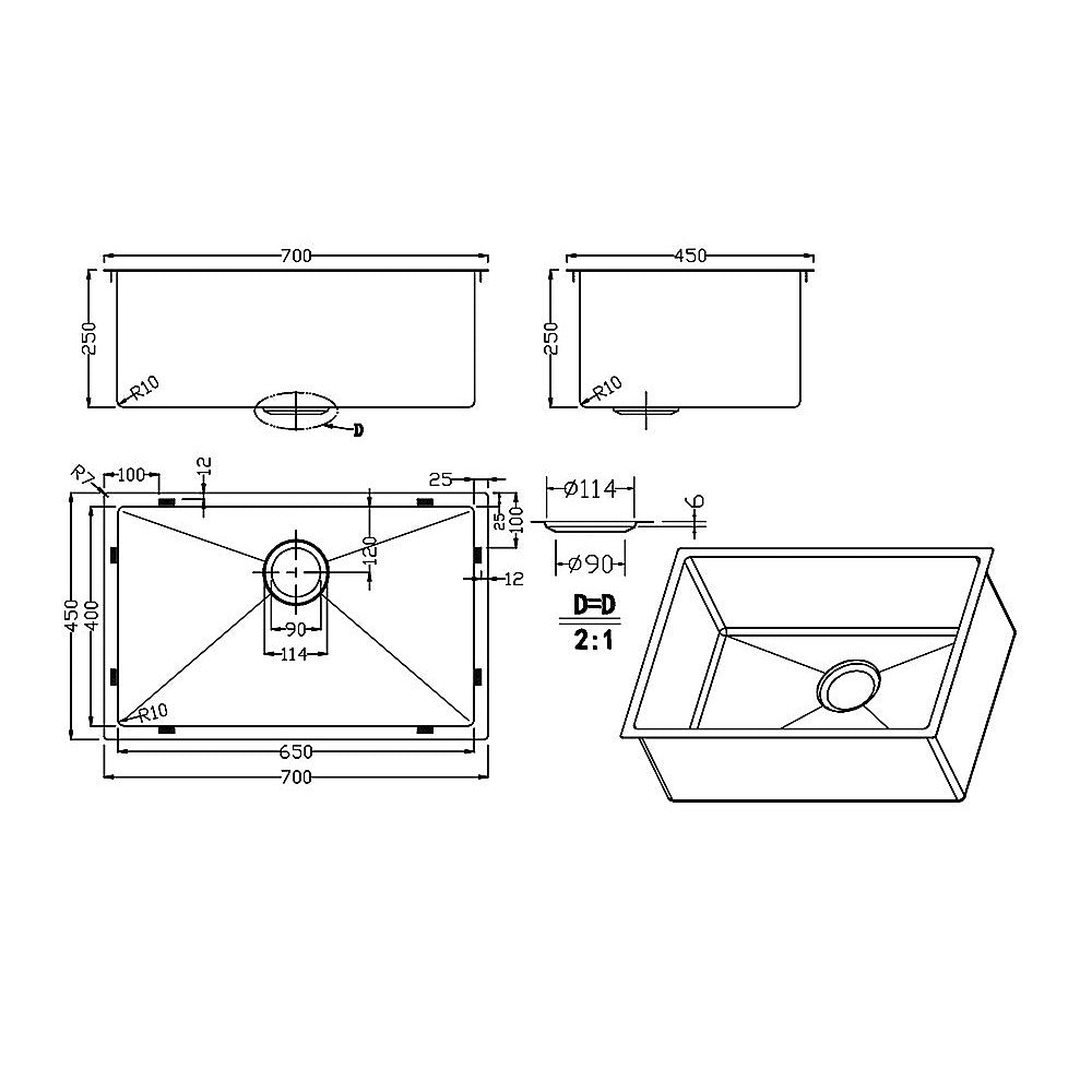 Kitchen & Bathroom DIY: 700x450mm Handmade Stainless Steel Undermount / Topmount Kitchen Laundry Sink with Waste