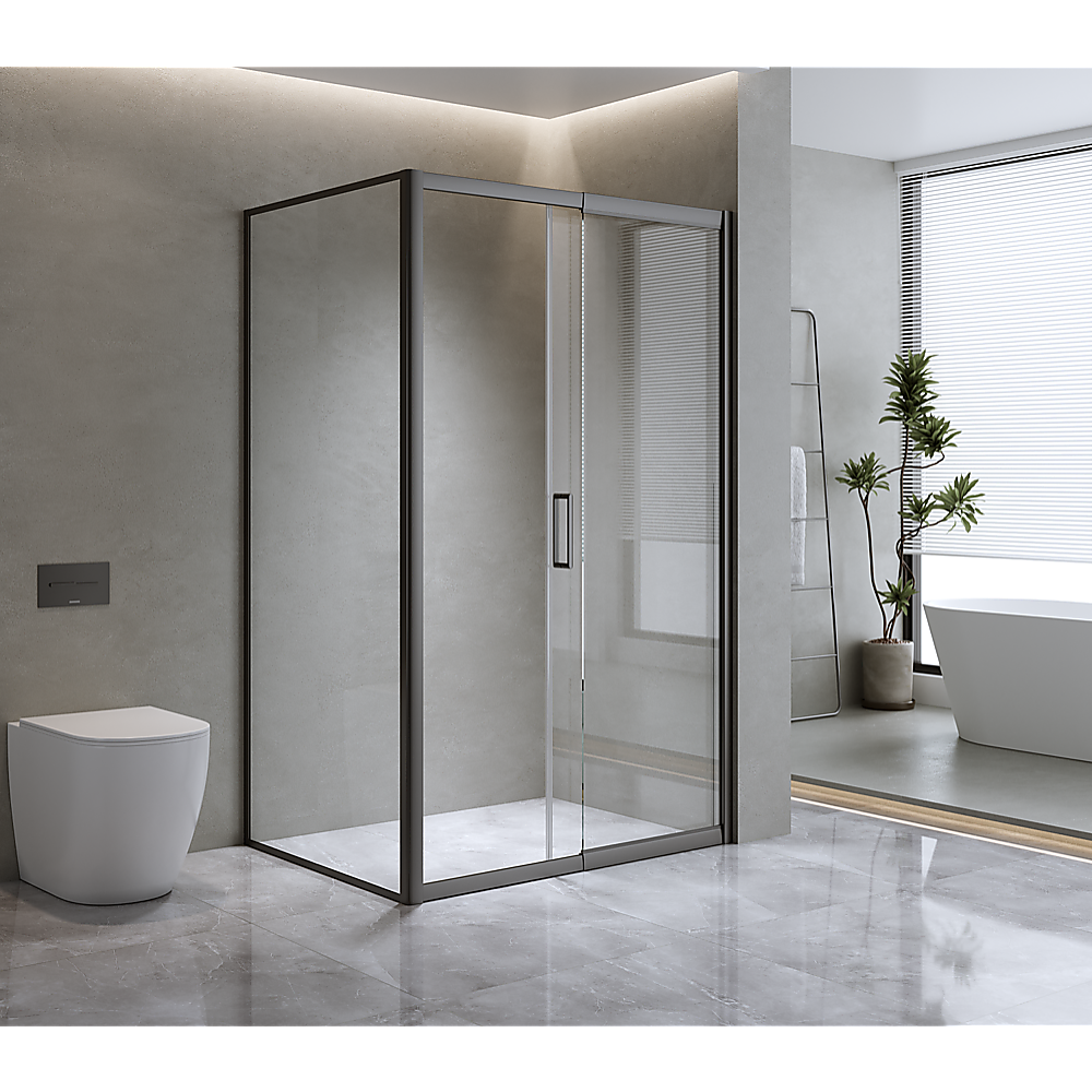 Shower Heads & Screens: 150mm Adjustable (2000x920mm) Single Door Corner Sliding Glass Shower Screen in Black