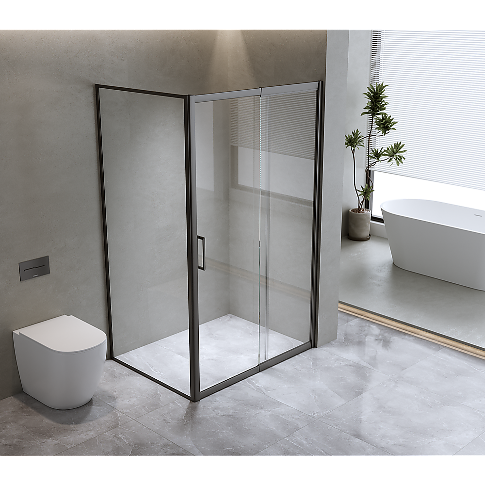 Shower Heads & Screens: 150mm Adjustable (2000x1010mm) Single Door Corner Sliding Glass Shower Screen in Black5