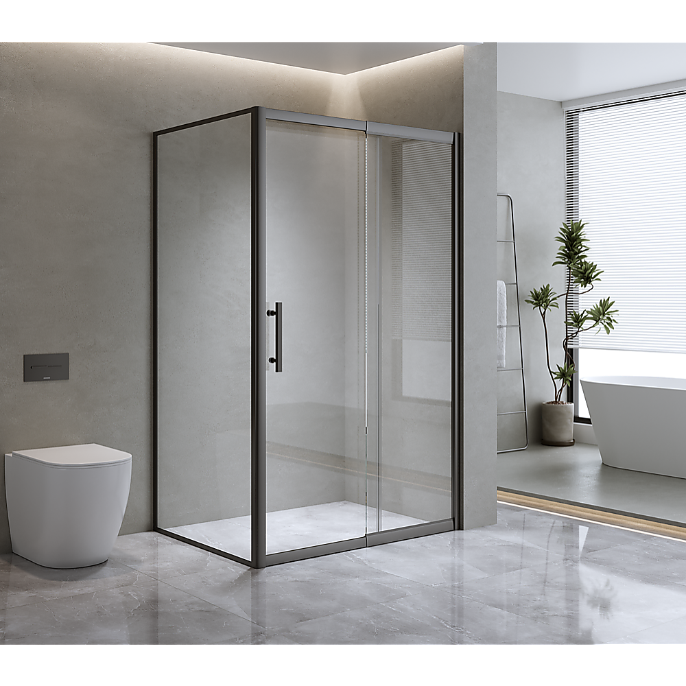 Shower Heads & Screens: 150mm Adjustable (2000x800mm) Single Door Corner Sliding Glass Shower Screen in Black