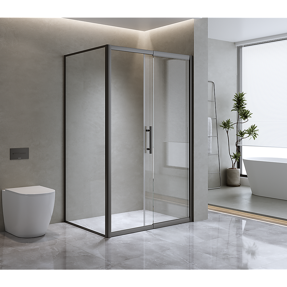 Shower Heads & Screens: 150mm Adjustable (2000x800mm) Single Door Corner Sliding Glass Shower Screen in Black