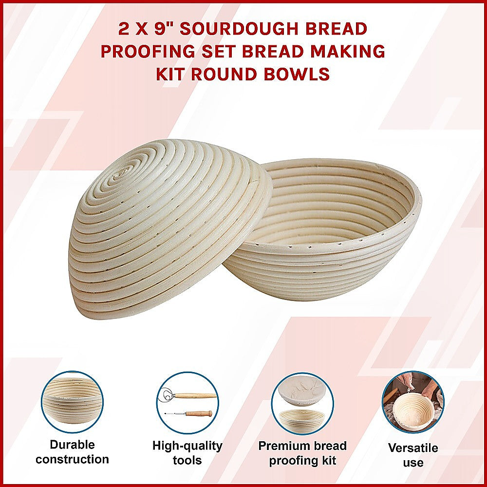 Kitchen Utensils: 2 x 9" Sourdough Bread Proofing Set Bread Making Kit Round Bowls