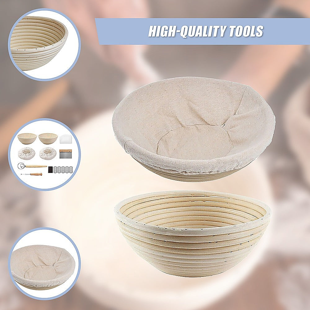 Kitchen Utensils: 2 x 9" Sourdough Bread Proofing Set Bread Making Kit Round Bowls