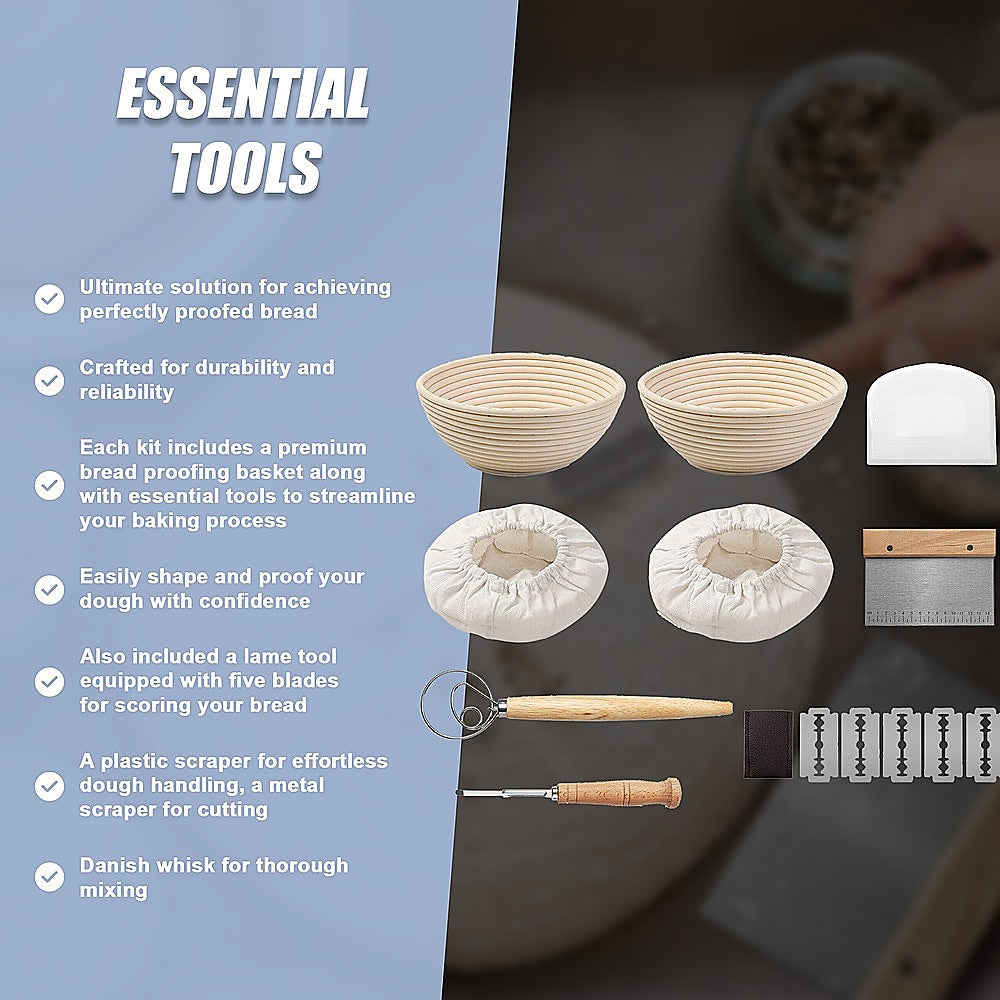 Kitchen Utensils: 2 x 9" Sourdough Bread Proofing Set Bread Making Kit Round Bowls