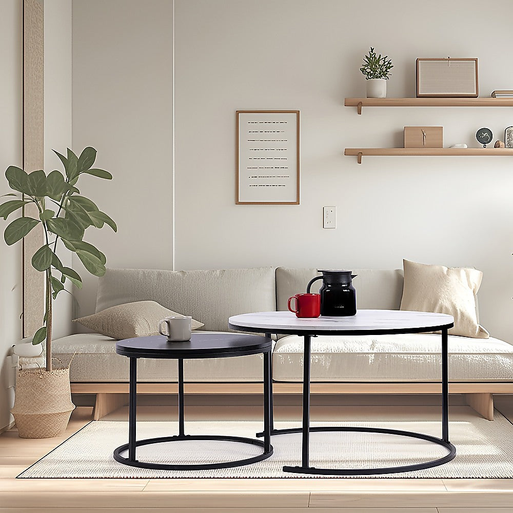 Coffee Tables: Set of 2 Coffee Table Round Marble Nesting Side End Table Furniture