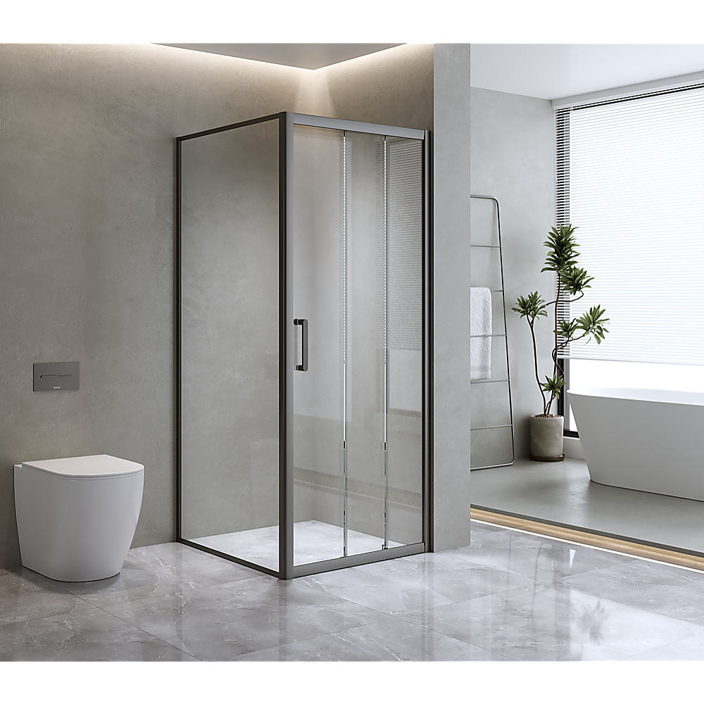 Shower Heads & Screens: 40mm Adjustable Contemporary Corner Sliding Black Shower Screen 86x92cm