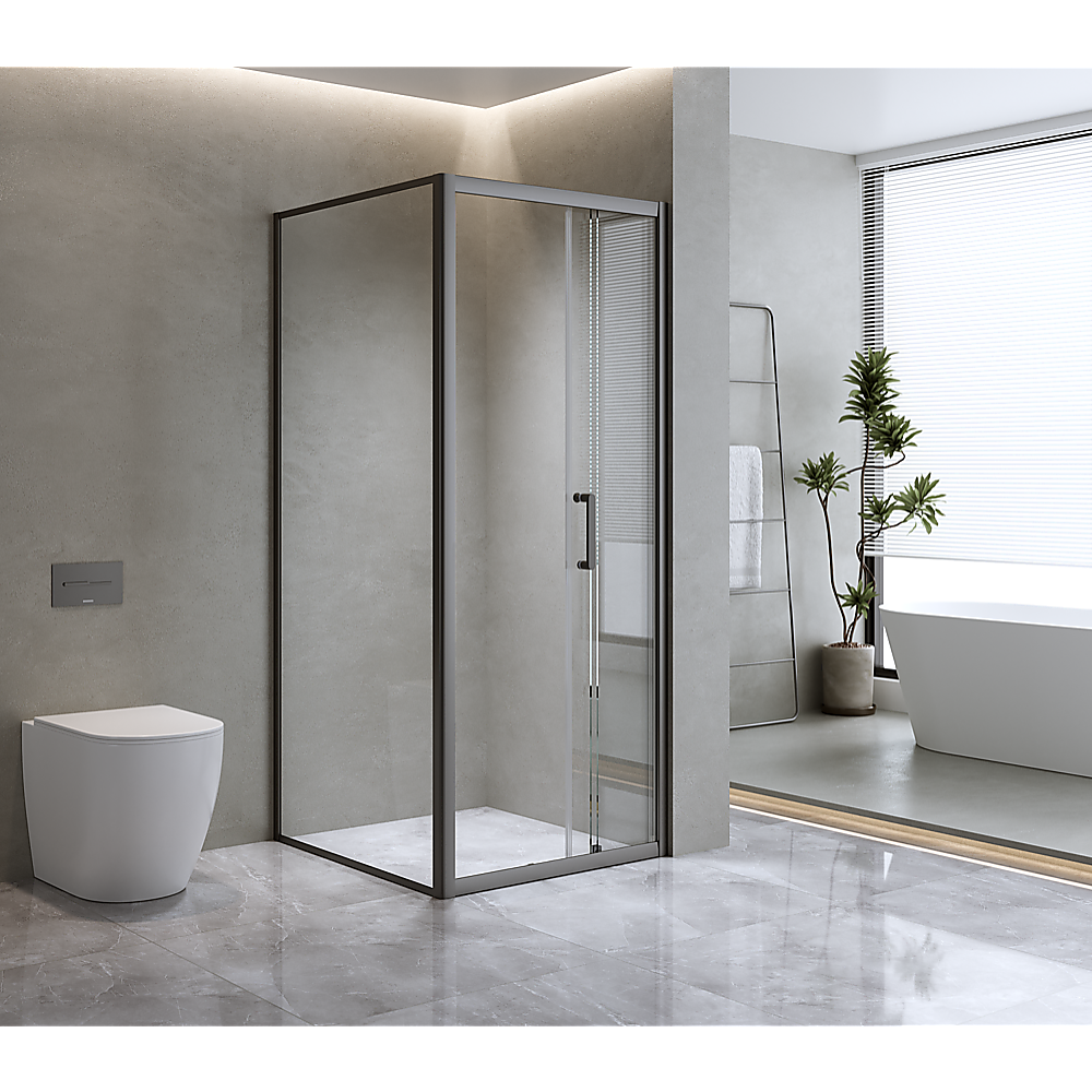 Shower Heads & Screens: 40mm Adjustable Contemporary Corner Sliding Black Shower Screen 90x92cm