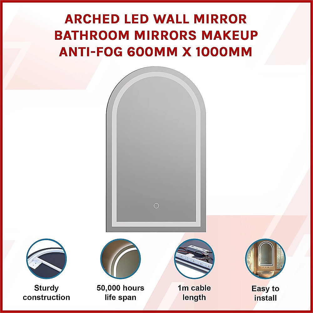 Mirrors: Arched LED Wall Mirror Bathroom Mirrors Makeup Anti-fog 600mm x 1000mm