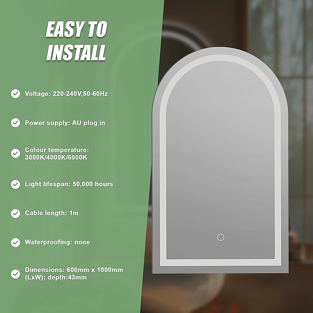 Mirrors: Arched LED Wall Mirror Bathroom Mirrors Makeup Anti-fog 600mm x 1000mm