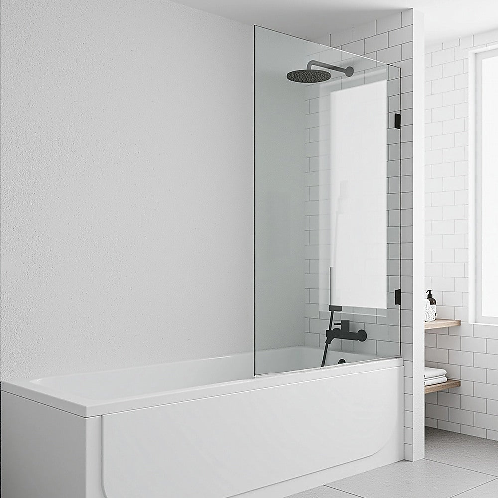 Shower Heads & Screens: 90cm Frameless Swing Bath Screen  White Hardware with Brass hinge for Modern Bathrooms