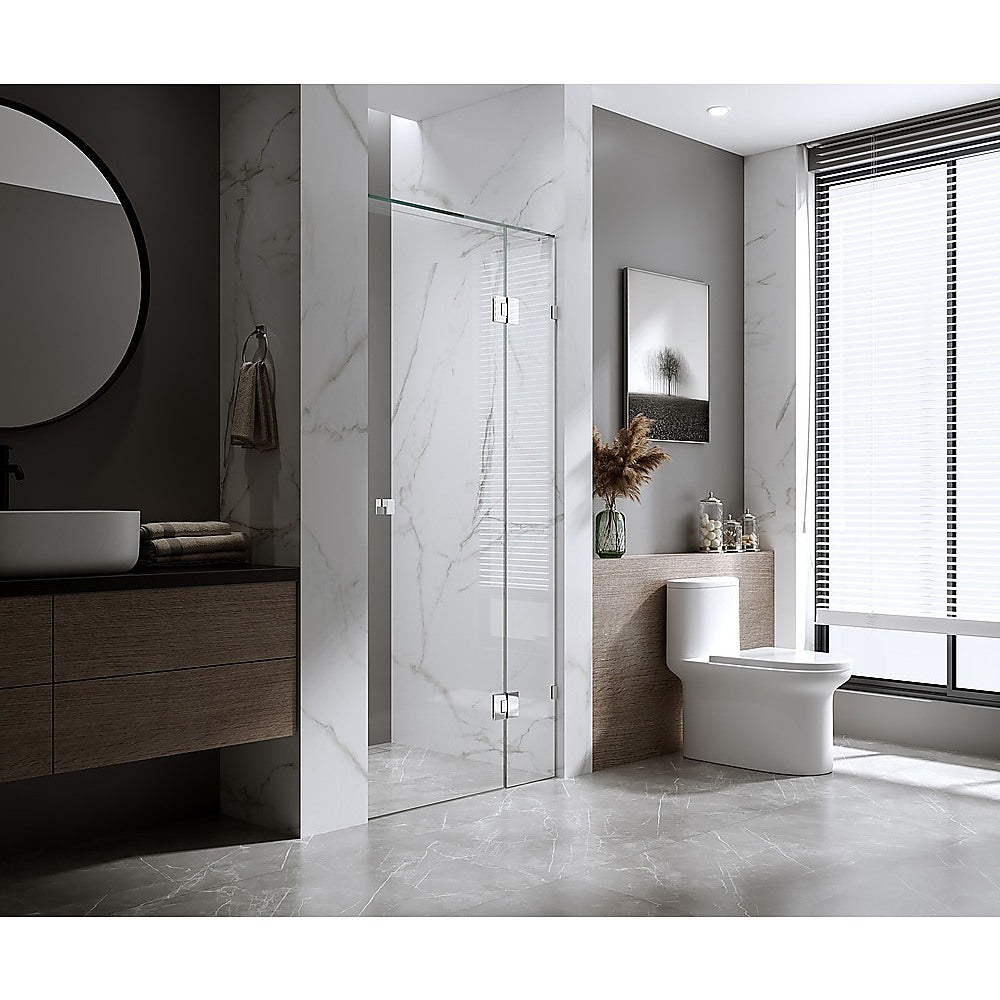 Shower Heads & Screens: 110cm Frameless Wall-to-Wall Shower Screen with White Wall U-Brackets, Brass Hinges & Round Knob Handle