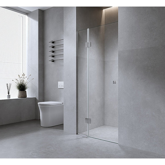 110cm Wall to Wall Frameless Shower Screen with Nickel Channel and Brass Hinges , Square Knob Handle