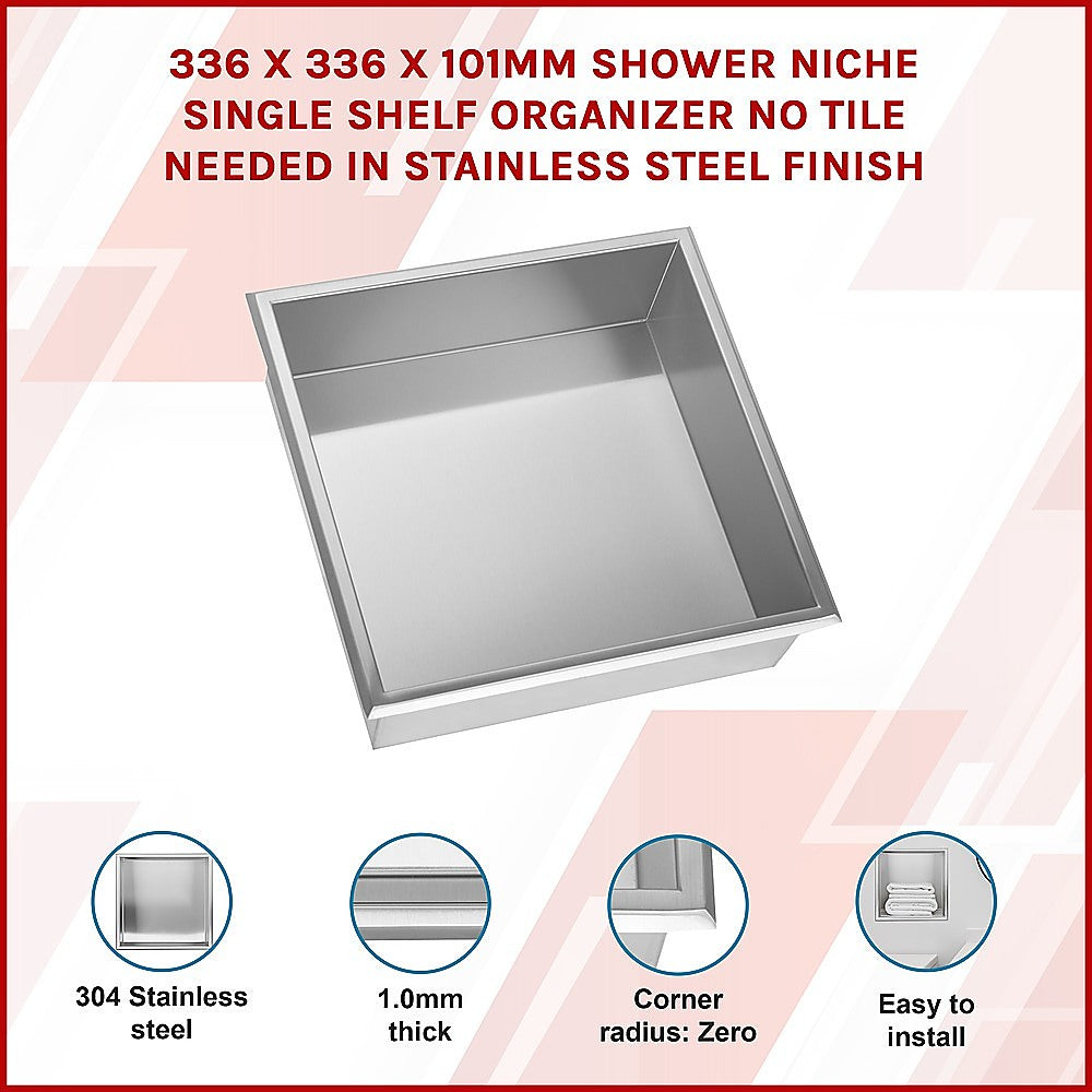 Kitchen & Bathroom DIY: 336 x 336 x 101mm Shower Niche Single Shelf Organizer No Tile Needed in Stainless Steel Finish