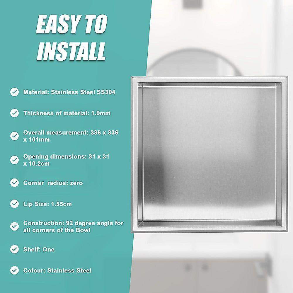 Kitchen & Bathroom DIY: 336 x 336 x 101mm Shower Niche Single Shelf Organizer No Tile Needed in Stainless Steel Finish