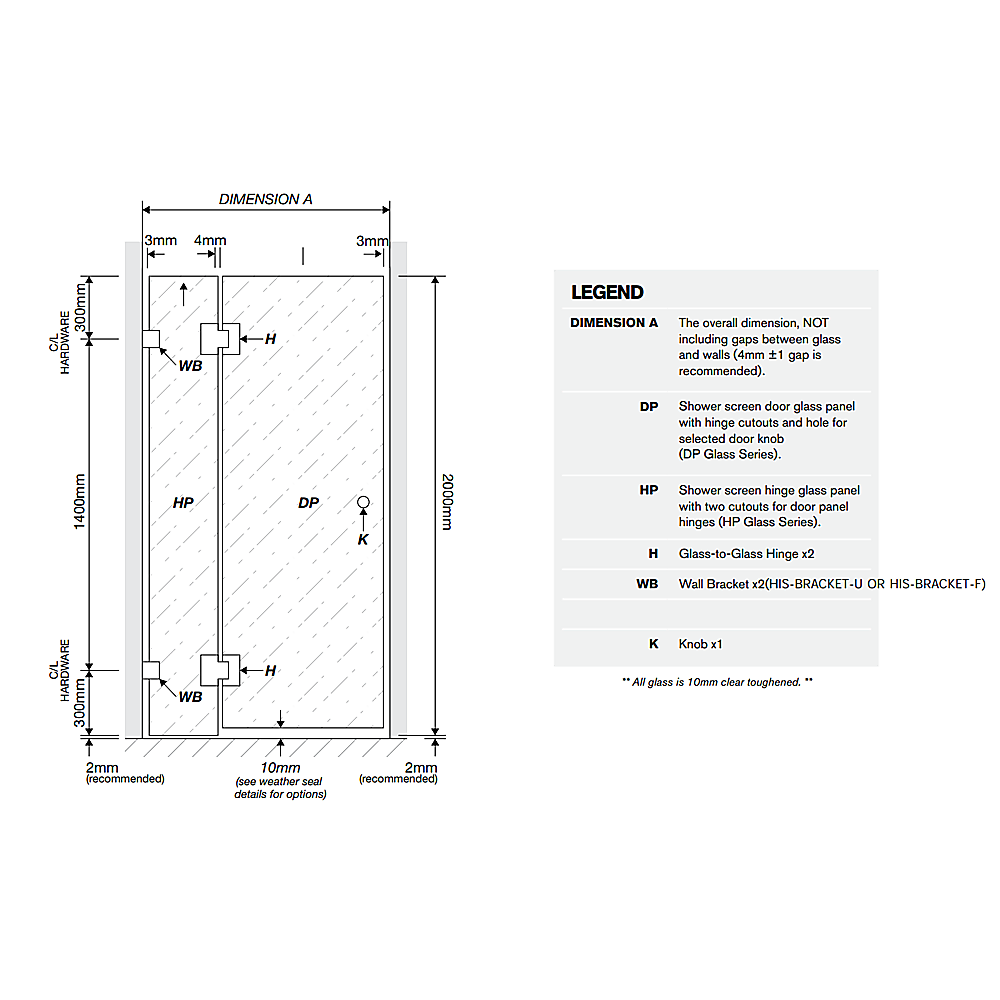 90x110cm Double Door Corner Shower Screen – Gold F-Brackets, SS Hinges & Square Knob Handle