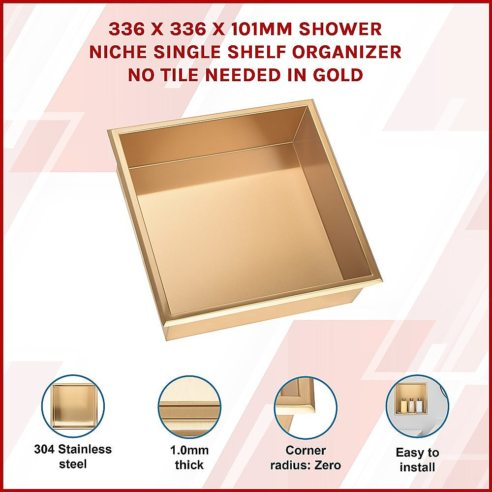 Kitchen & Bathroom DIY: 336 x 336 x 101mm Shower Niche Single Shelf Organizer No Tile Needed in Gold