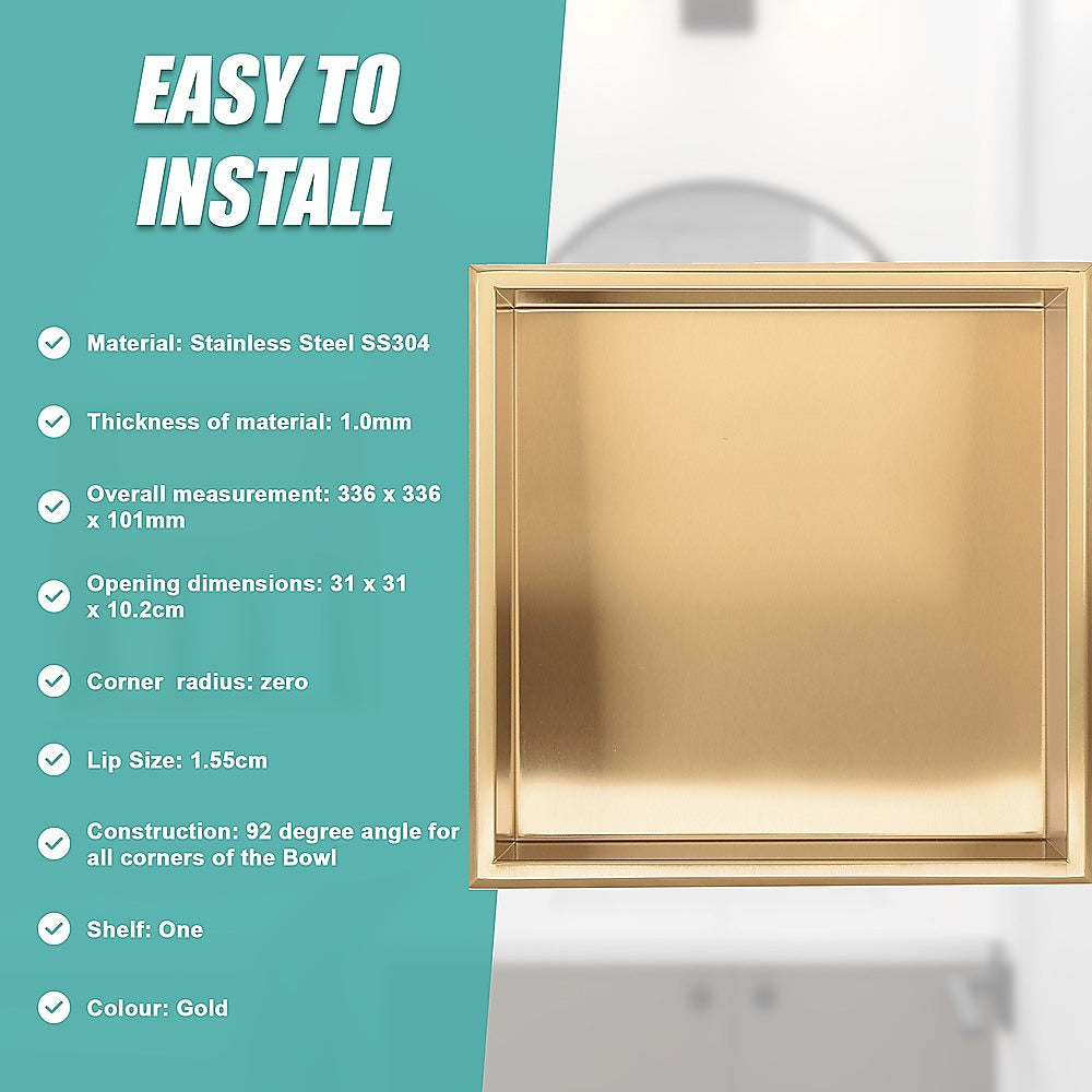 Kitchen & Bathroom DIY: 336 x 336 x 101mm Shower Niche Single Shelf Organizer No Tile Needed in Gold