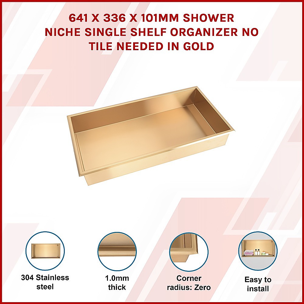 Kitchen & Bathroom DIY: 641 x 336 x 101mm Shower Niche Single Shelf Organizer No Tile Needed in Gold
