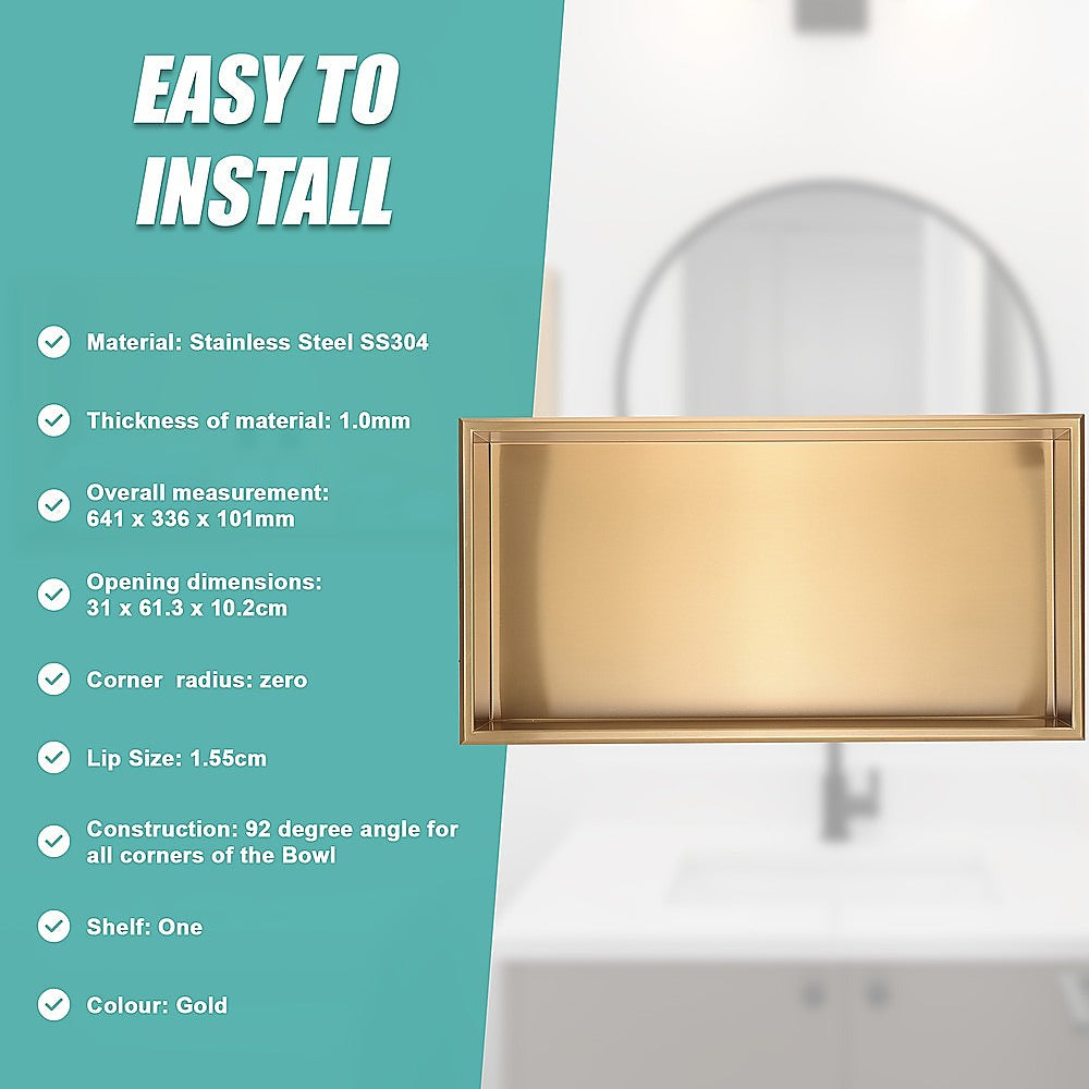 Kitchen & Bathroom DIY: 641 x 336 x 101mm Shower Niche Single Shelf Organizer No Tile Needed in Gold