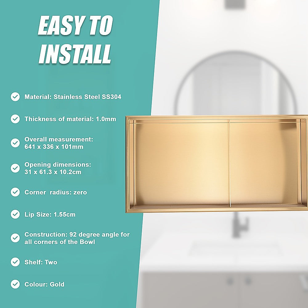 Kitchen & Bathroom DIY: 641 x 336 x 101mm Shower Niche Double Shelf Organizer No Tile Needed in Gold
