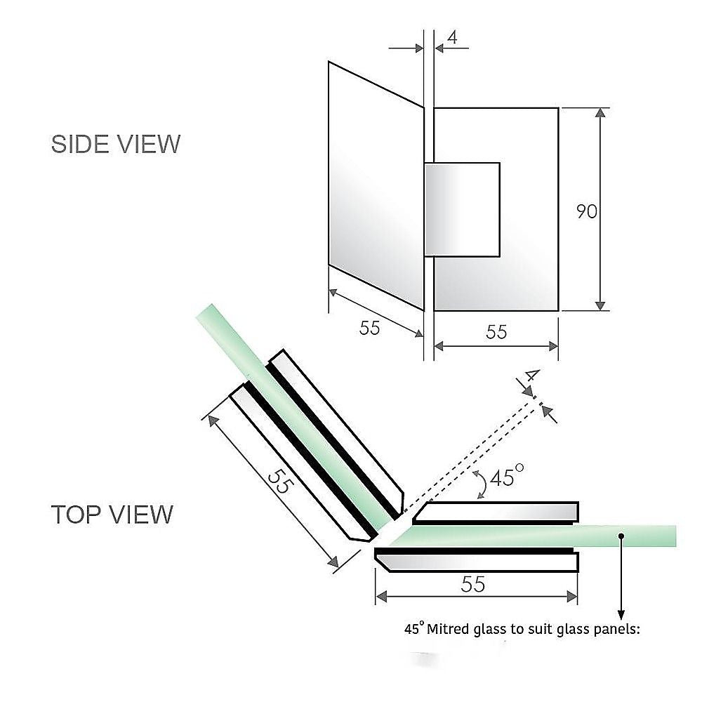 90cm Frameless Diamond Shower Screen with Nickel Brackets and SS Hinges, Square Double Pull Handle