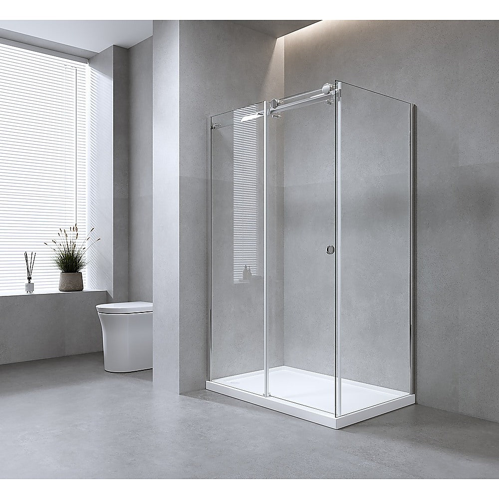 Shower Heads & Screens: 150x100cm Frameless Glass Sliding Corner Shower  With White Rail and U-brackets for Contemporary Bathrooms