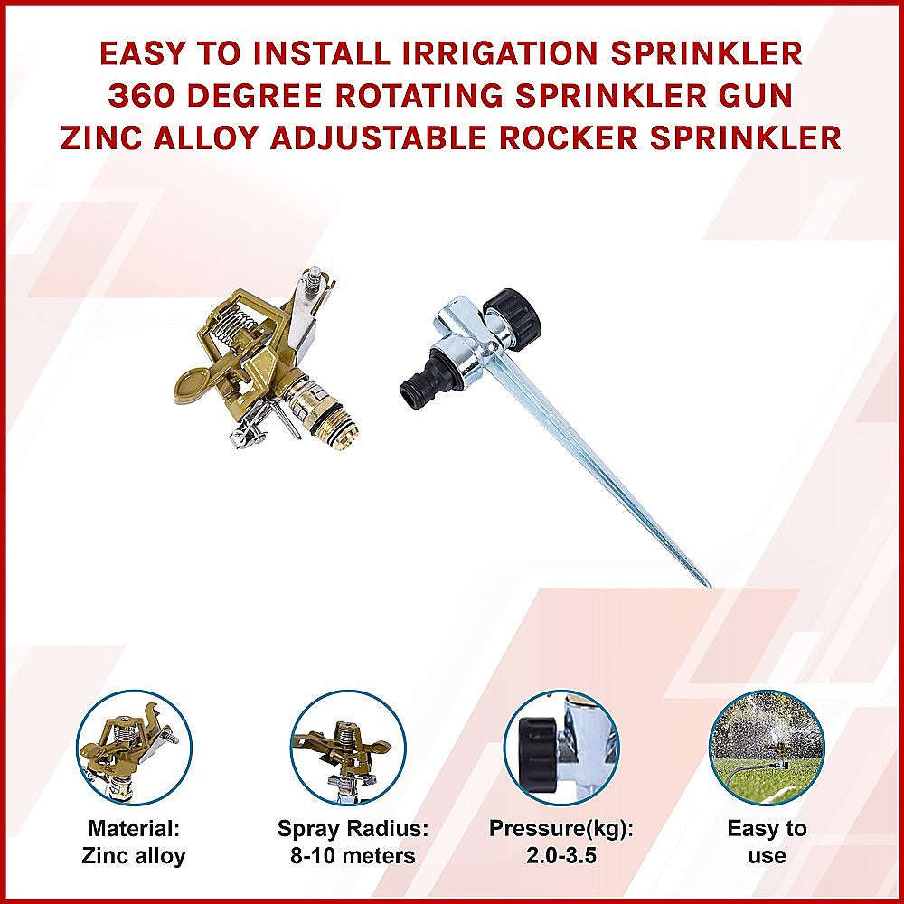 Back Care: Easy to Install Irrigation Sprinkler 360 Degree Rotating Sprinkler Gun Zinc Alloy Adjustable Rocker Sprinkler