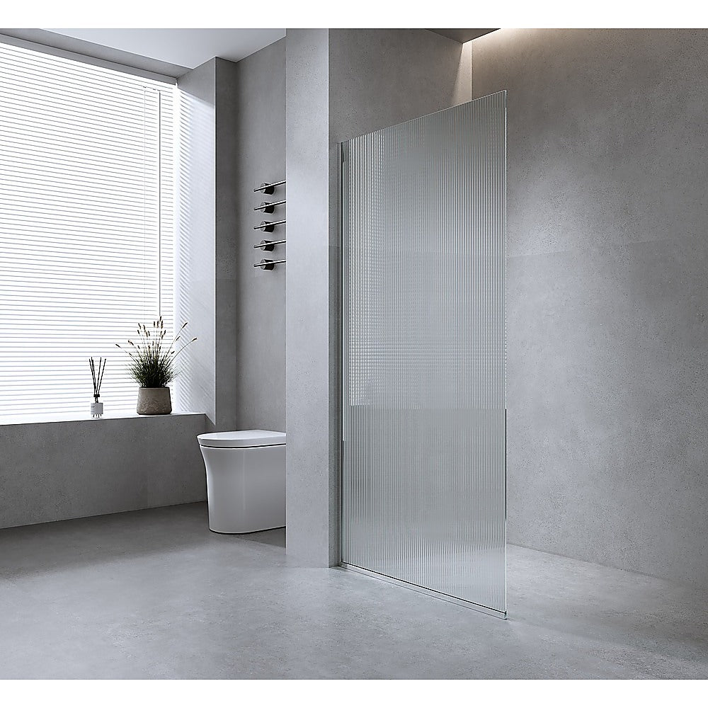 Shower Heads & Screens: 70cm Reeded Single Shower Glass Screen with White Wall Channel & Square Pole