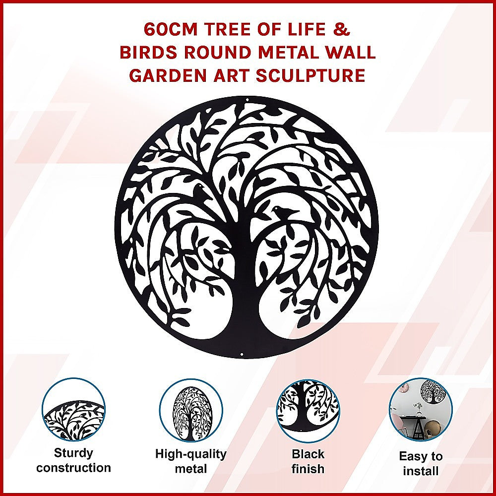 Garden Ornaments: 60cm Tree of Life & Birds Round Metal Wall Garden Art Sculpture