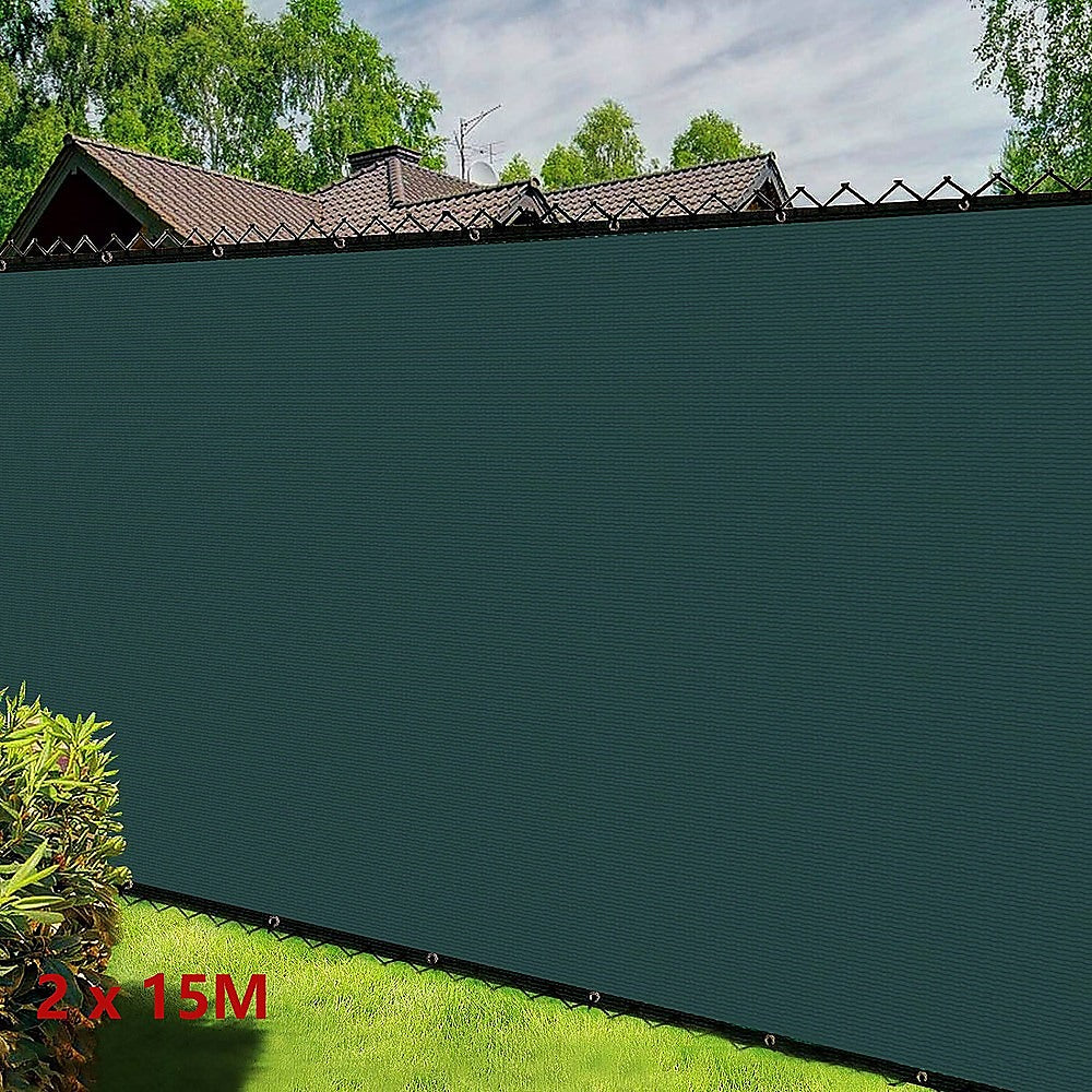 Umbrellas & Sunshades: 15m x 2m Fence Windscreen Privacy Screen Shade Cover Dark Green Fabric Mesh Garden