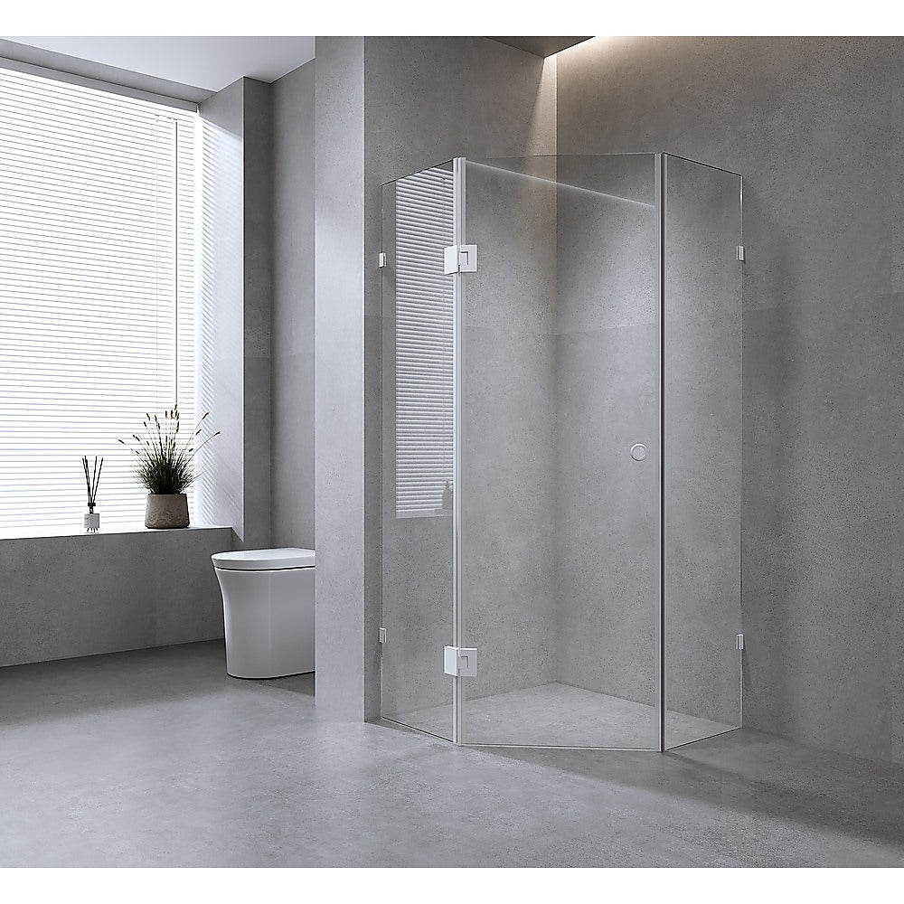 Shower Heads & Screens: 100cm Frameless Diamond Shower Screen  White F-Brackets Detailing with Durable SS Hinges