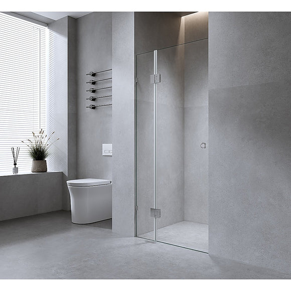 120cm Wall to Wall Frameless Shower Screen with White Brackets and Brass Hinges