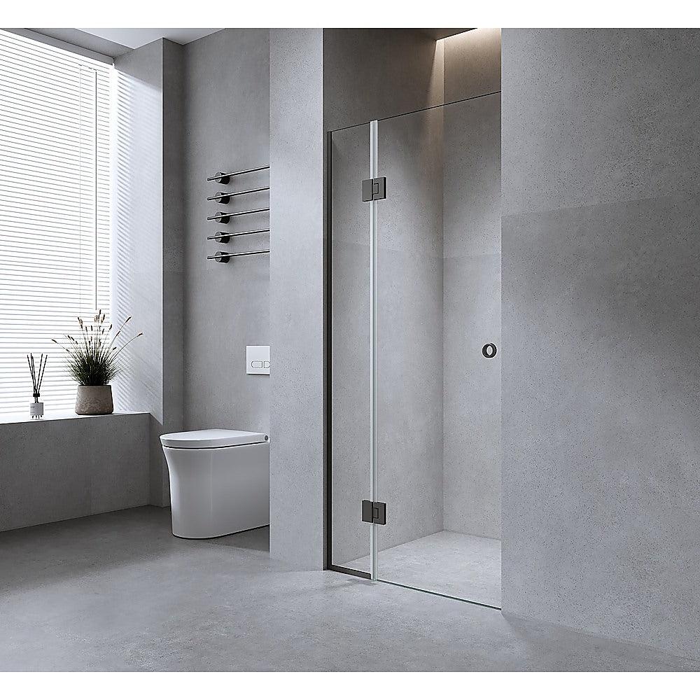 Shower Heads & Screens: 110cm Frameless Wall-to-Wall Shower Screen  Gunmetal Wall Channel with Brass Hinges