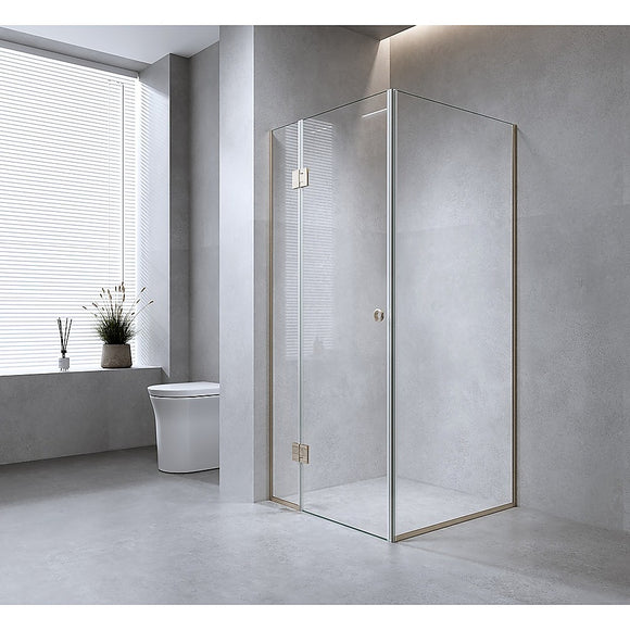 90x70cm Corner Frameless Shower Screen with Gold Channel and Brass Hinges, Round Handle