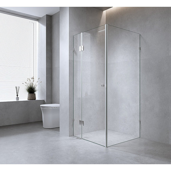 100x90cm Corner Frameless Shower Screen with Gold Brackets and Brass Hinges, Round Handle