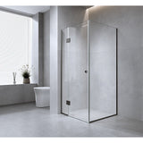 110x80cm Corner Frameless Shower Screen with White Channel and Brass Hinges