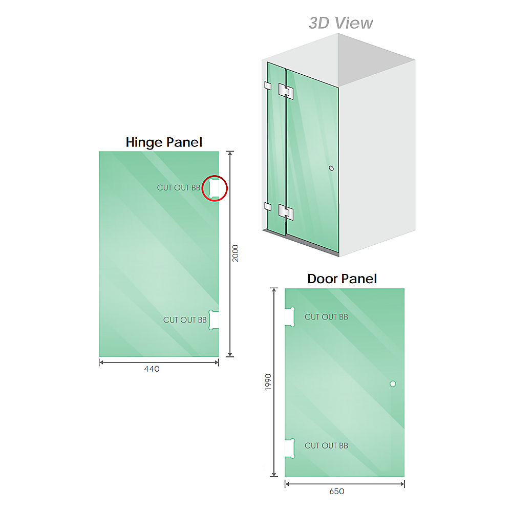 110x90cm Corner Frameless Shower Screen with White Brackets and Brass Hinges - F-Brackets