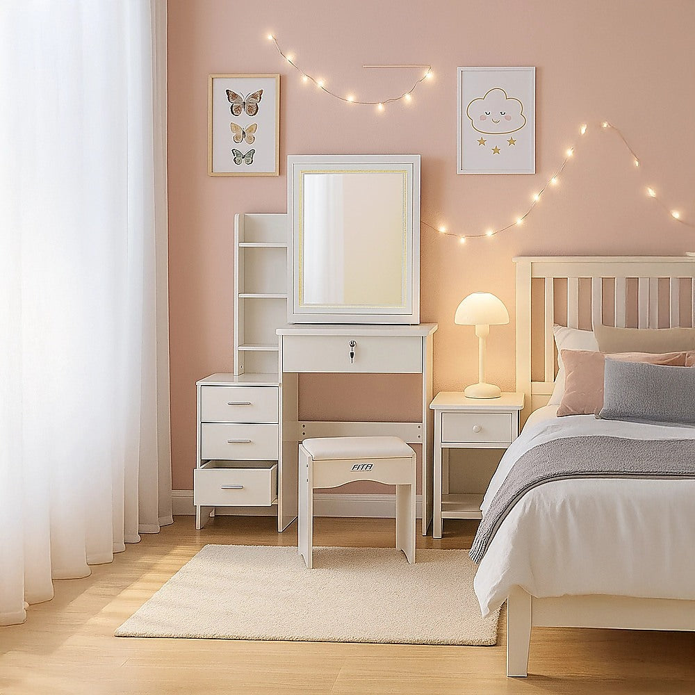 Dressing Vanity & Dressing Tables: Dressing Table LED Makeup Mirror Stool Set Vanity Desk With Drawer Lighted