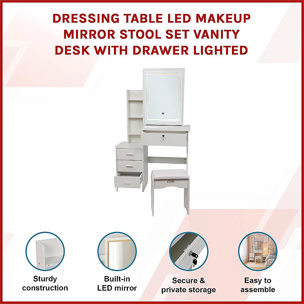 Dressing Vanity & Dressing Tables: Dressing Table LED Makeup Mirror Stool Set Vanity Desk With Drawer Lighted