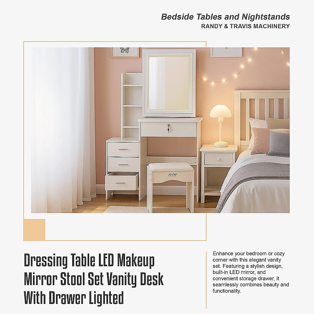 Dressing Vanity & Dressing Tables: Dressing Table LED Makeup Mirror Stool Set Vanity Desk With Drawer Lighted