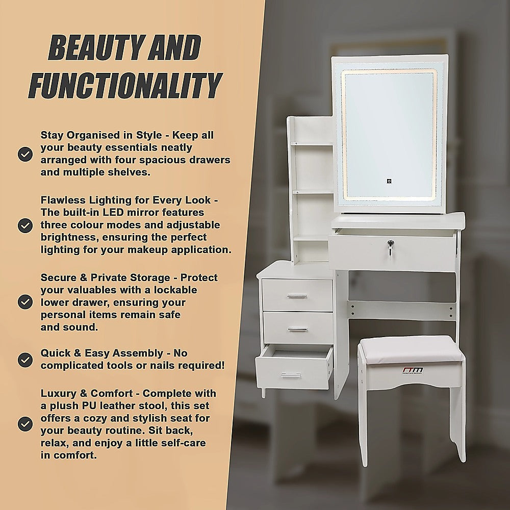 Dressing Vanity & Dressing Tables: Dressing Table LED Makeup Mirror Stool Set Vanity Desk With Drawer Lighted