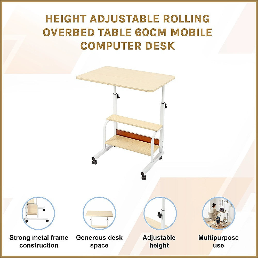 Desks: Height Adjustable Rolling Overbed Table 60cm Mobile Computer Desk